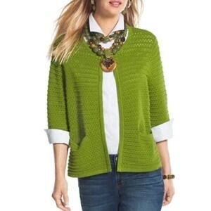 Chicos Structured‎ Celille Cropped Cardigan Lime Green Sz 2 Large Open Knit